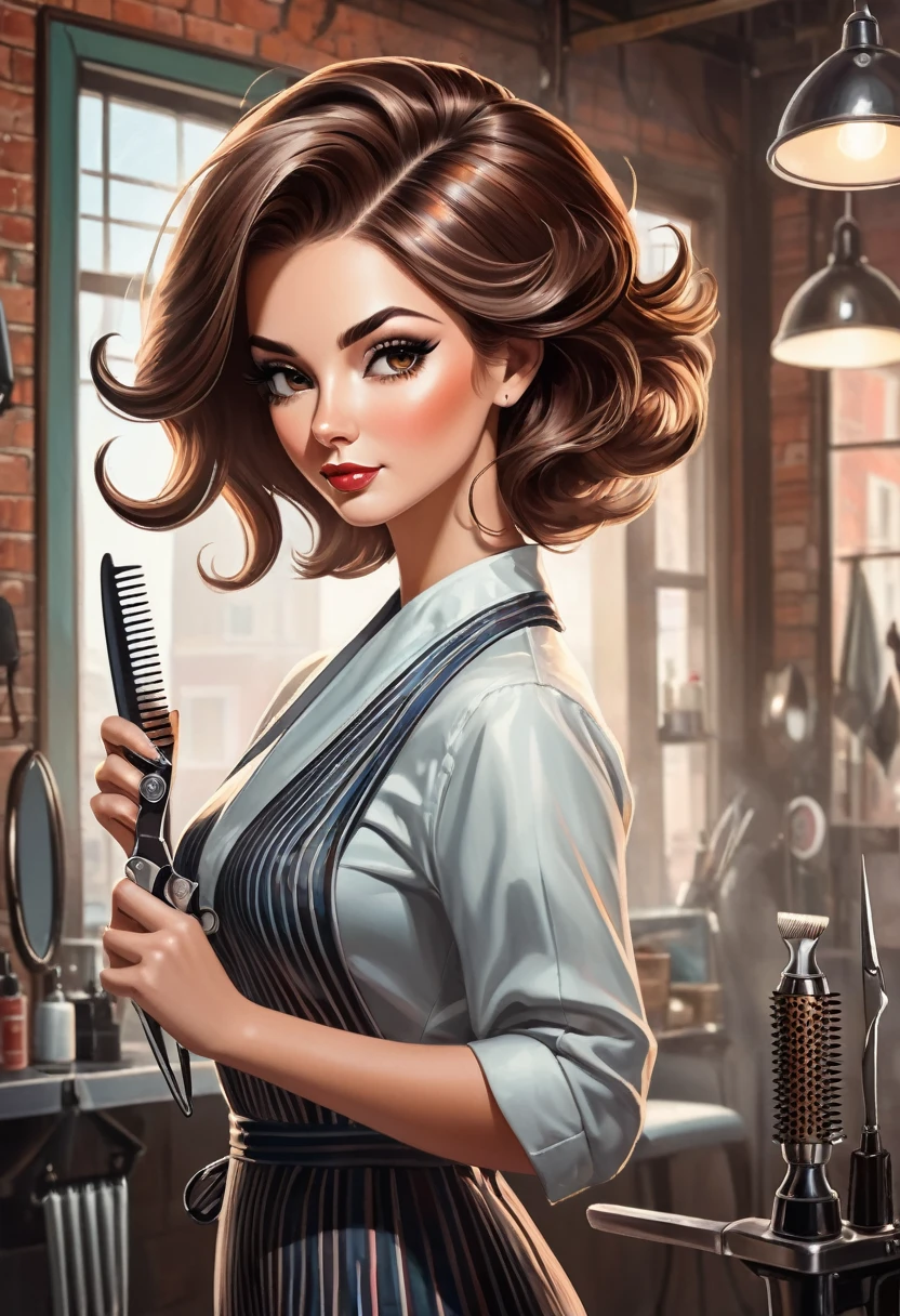 A captivating image of a lady barber with brown hair, standing in front of a camera. She confidently holds a pair of scissors in one hand and a comb in the other, showcasing her skills. The airbrush style gives the image a smooth, almost dreamlike quality. The background features a blend of modern and vintage elements, with hints of a city skyline and a barber shop interior.
