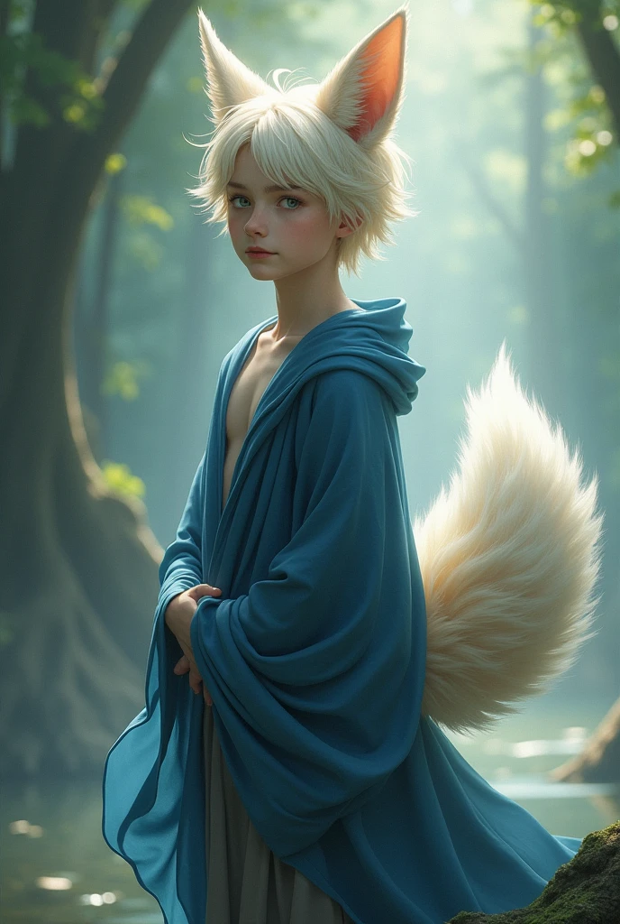 Adult effeminate boy with spiritual fox ears and tail, dressed in a blue robe