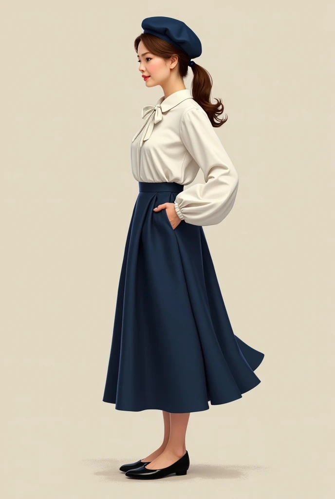 dressed in a navy blue vintage midi long skirt ,with Palas and white blouse with bow on the collar, long sleeve with balloon cuff, with a navy blue beret on her head and her hair tied in a ponytail and black ballet flats on her feet