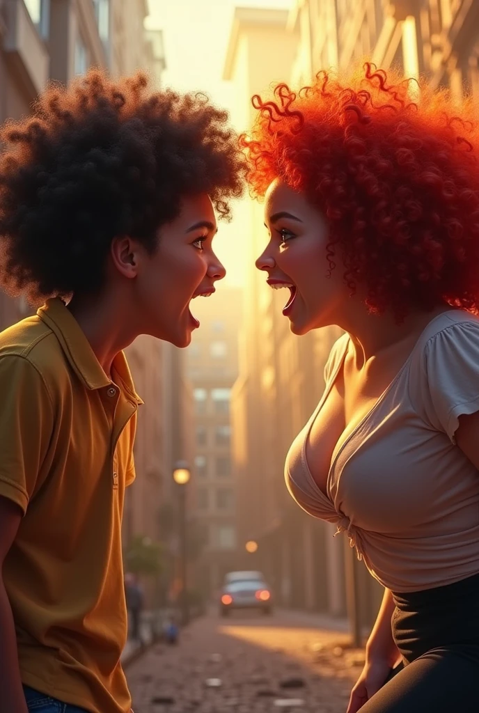 A white woman with darker red curly black power hair who is chubby arguing with a white boy, big and curly hair with 4a curvature and finger curl, The Girl is white