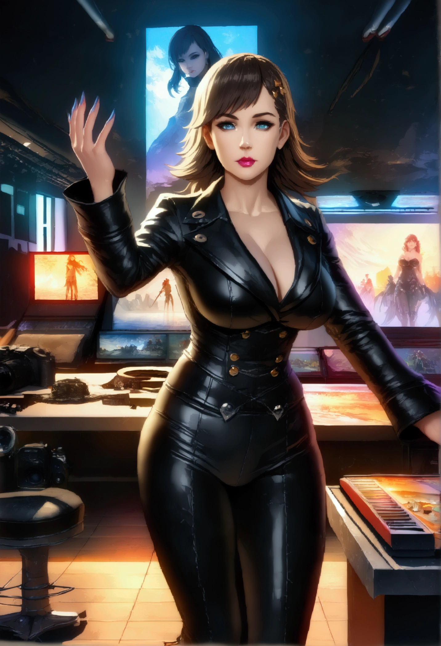 Gal Gadot, women Maravilla, dressed in black,Look at the camera,women , Perfect eyes, beautiful face,pale brown hair, short detailed hair, fool's head, side parted hair,dynamic poses, Realistic style, The scene is played out on a stage at a heavy metal concert..,((The best quality)), ((masterpiece)), (K HD:1.3), 。.。.。.。.。.3D, beautiful (cyber punk character:1.3) young, praphers,camera,makeup artist,Director,(Scenes:Studio 1.7), (HdR:1.5), (color pastel:1.2), Ultra-detailed, (art station:1.5), cinematographic, warm lights, light effect, dramatic light, (intricate details:1.1), the complex background, (Greg Rutkovsky:0.8), (teal and orange:0.4),((Movie premiere poster 1.8)),