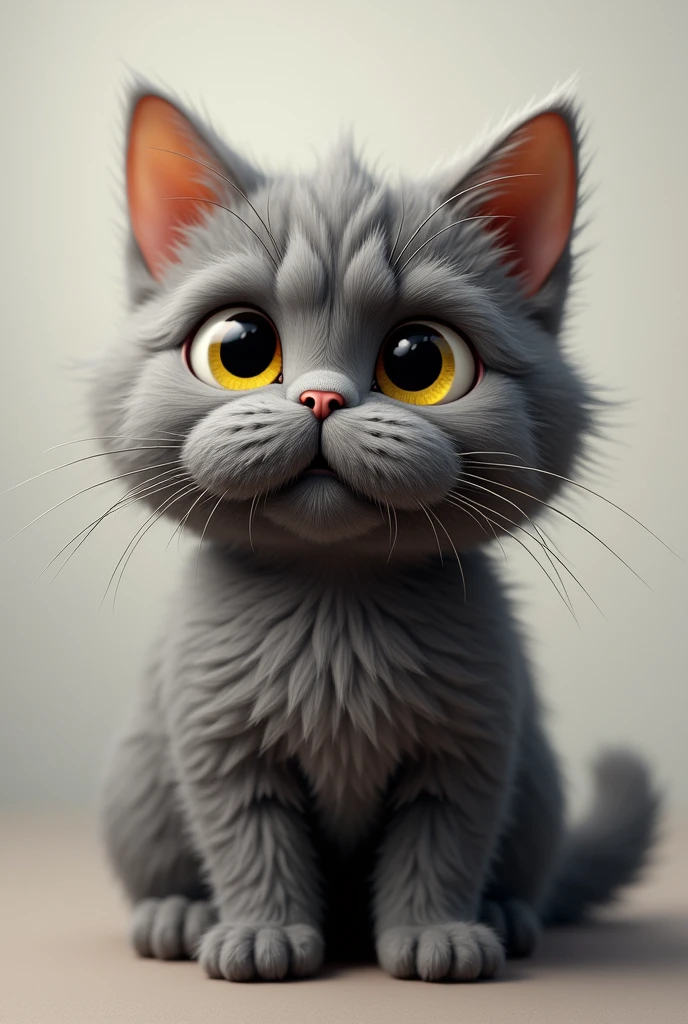 Create a furry cat, gray with small yellow details, that has a hairy mustache, most realistic