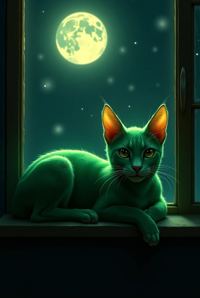 A green cat with long ears lying on a window sill at night. With big eyes and a seductive look