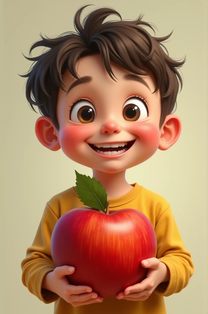 Big eyes boy holding smilling holding a square gary apple