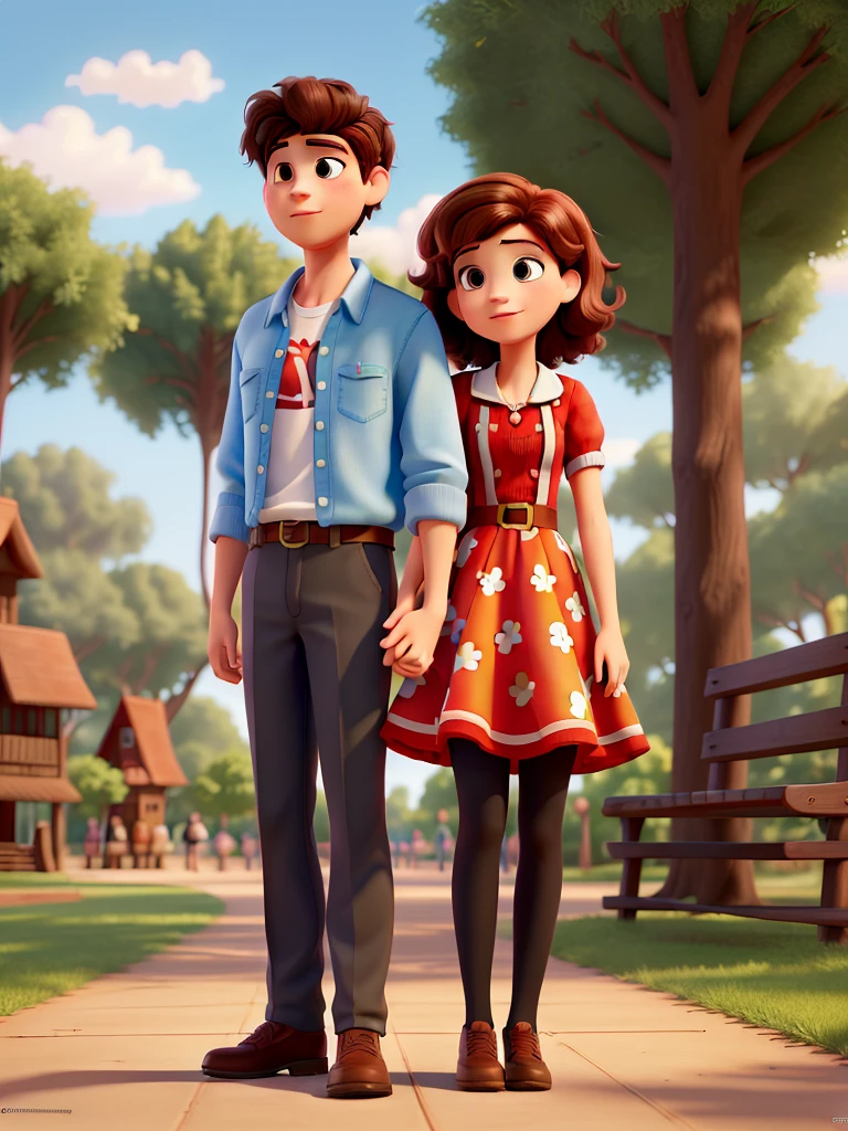 (best quality,highres,masterpiece:1.2), Disney Pixar style couple a girl with red ,and a boy black with brown hair and in a park