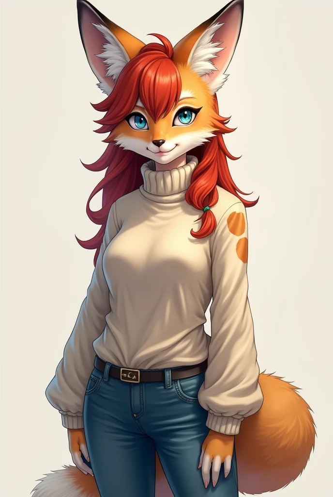 digital_media_(artwork) hi_res, score_9, score_8_up, score_7_up, score_6_up, source_furry, rating_safe, anthro, furry, female, furry female, detailed textured fur, fur tufts, lynx, red hair, blonde brown fur, spots, beautiful blue eyes, medium breasts, covered breasts, slim, slender, turtleneck sweater, denim jeans, smile, SFW,