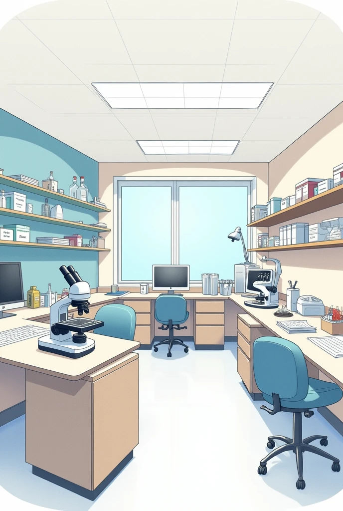 I need a simple drawing to draw the coprology area of a clinical laboratory where the microscope and tables appear to perform the exam. I need an easy drawing to draw but in color so that the image comes out