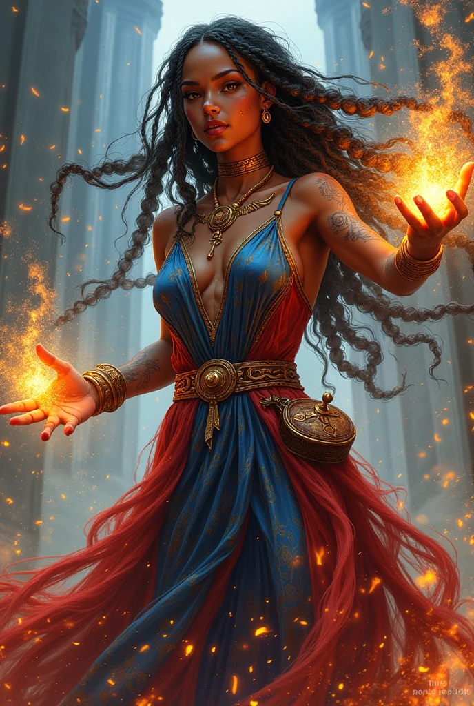 illustration fantasy painting, splash art, beautiful lightskin african american woman, dark brown hair, big hair braids, sorceress, wearing a full dress, blue and red tribal dress, she has tribal tattoos, striking dynamic pose, casting fire, lots of sparks flying through the air