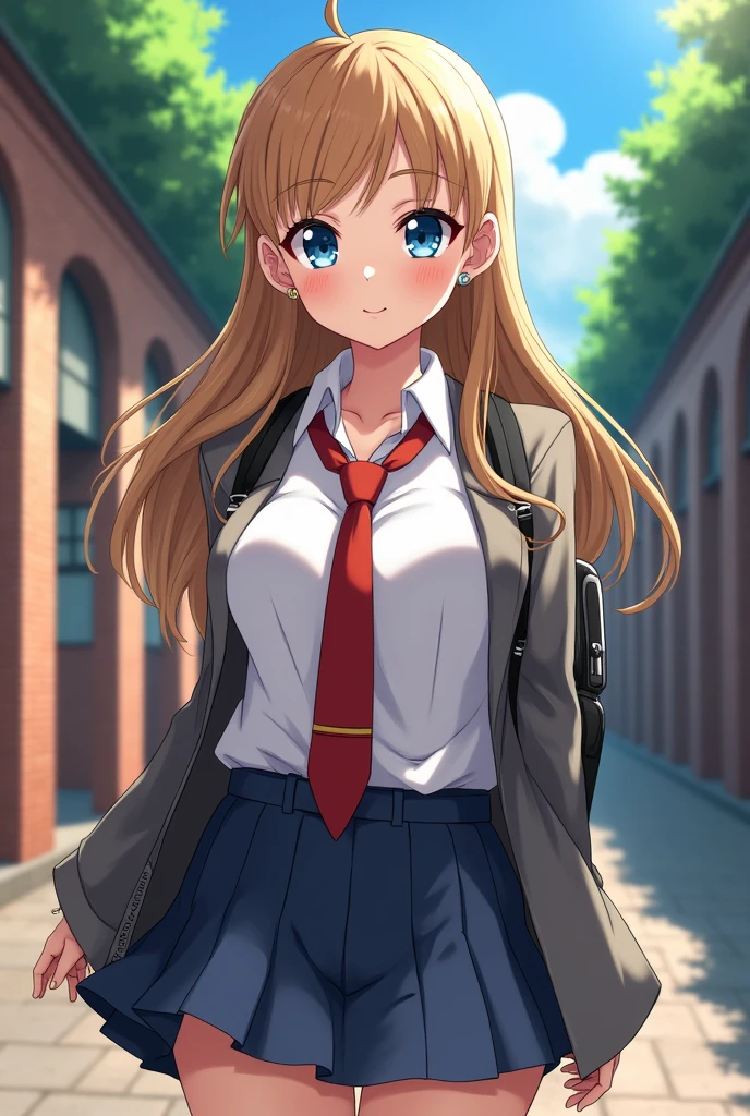 Girl with long light brown hair and big breasts and a small beautiful waist and blue eyes with a serious but cheerful expression at the same time, she is wearing a UA uniform. (my hero academia) (The uniform is a white shirt over a grey jacket and a red tie.)from my hero academia and he carries a backpack and in the background he has corridors of a UA academy