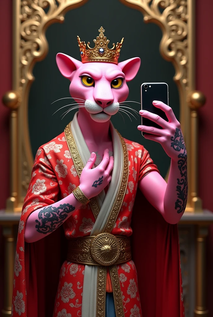 Create an image of a pink panther with tattoos, king style, wearing a dragon robe, holding an iPhone, taking a selfie in the mirror, wearing a crown, brave demeanor