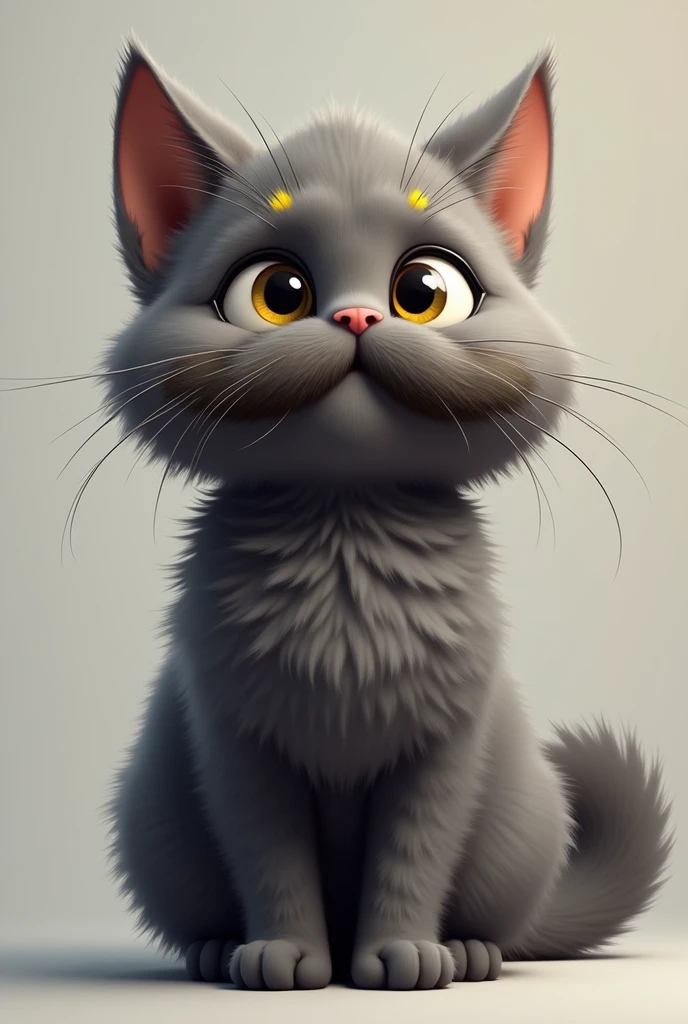 Create a furry cat, gray with small yellow details, that has a hairy mustache, most realistic