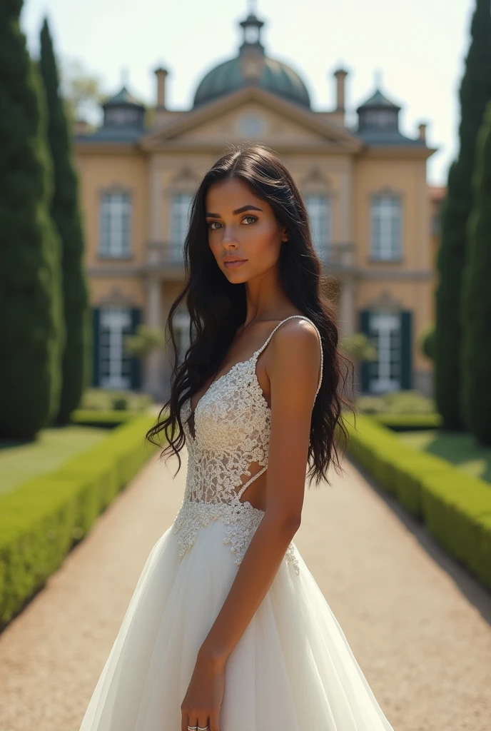Beautiful woman, 22 years old, olive skin, long black hair and intense blue eyes. She is wearing a luxurious wedding dress. behind her a luxurious mansion in Italy. The expression on your face would be