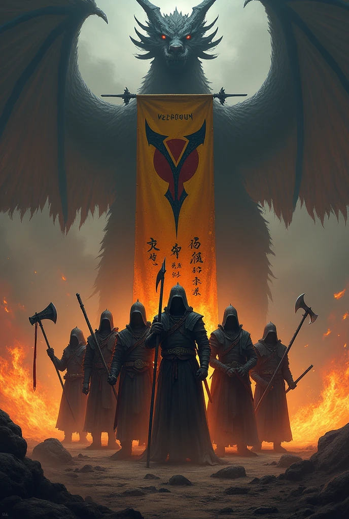 Create me an image with a somber, dark tone for a guild cover.
1. Place at the bottom of the image the following text "Welcome to Umbra Draconum". Centered text, first smaller the "Welcome to" and underneath bigger and more imposing the text "Umbra Draconum".
2. Place 7 warriors in the style of World of Warcraft or Albion Online, wearing clothes in dark tones and weapons such as axes, swords, mage staffs of ice and fire, spears, bows and rods.
3. The warrior in the center will hold a banner, with a dark yellow flag and a dark red v-shaped line in the middle, and in the center place the logo of a full black dragon.
4. Place in the background flames rising from the ground in shades of yellow and red, keeping that dark tone.
5. From the bottom of everything should emerge the shadow of a very imposing oriental dragon, this dragon should be seen in its entirety above the banner and the 7 warriors.