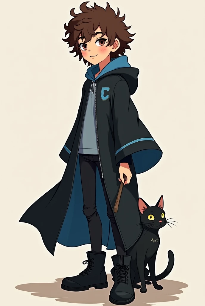 Make a beginner wizard with the youthful appearance of brown skin and curly hair, brown, de olhos brown com uma sardas em seu rosto, at 15 years old, wearing black clothes with some blue details, black boots like combat boots, with a black cat at his feet. anime styling
