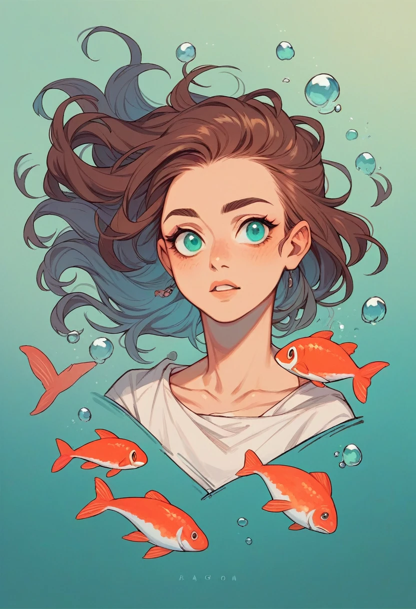 brunette woman, with fish scale skin, turquoise eyes, with sea background