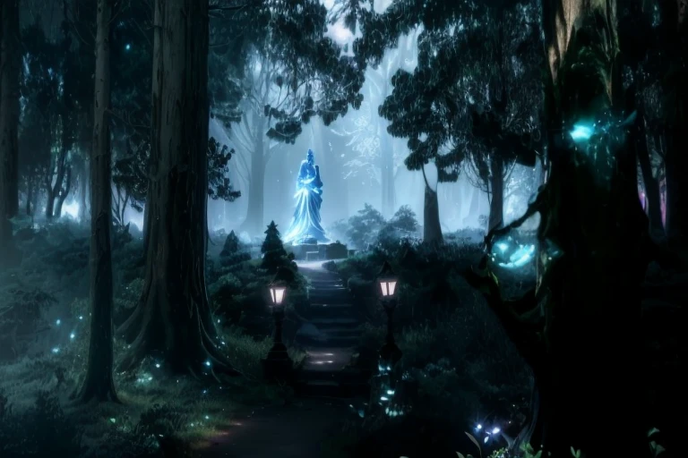 there is a statue in the middle of a forest with trees, unreal engine ; romantic theme, unreal engine render + a goddess, a maid in a magical forest, cinematic forest lighting, beautiful and cinematic lighting, unreal engine fantasy art, fantasy atmospheric lighting, beautiful render of a fairytale, unreal engine lumen, unreal engine 5 render dramatic, unreal engine 5 lighting