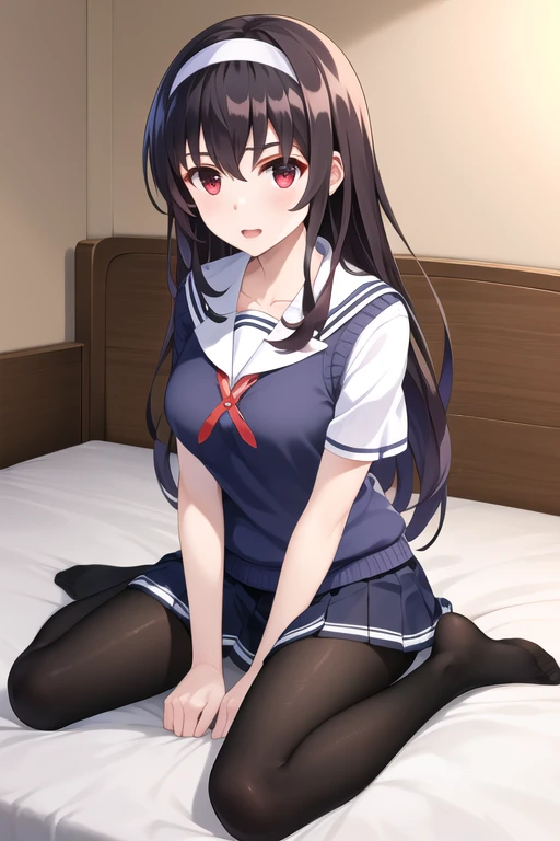 masterpiece, best quality, highres, aautaha, long hair, black hair, hairband, school uniform, sailor collar, sweater vest, blue sweater, white shirt, short sleeves, pleated skirt, blue skirt, (black pantyhose:1.2), room, wariza, bed