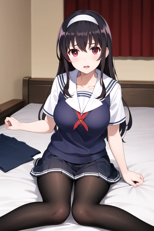 masterpiece, best quality, highres, aautaha, long hair, black hair, hairband, school uniform, sailor collar, sweater vest, blue sweater, white shirt, short sleeves, pleated skirt, blue skirt, (black pantyhose:1.2), room, wariza, bed