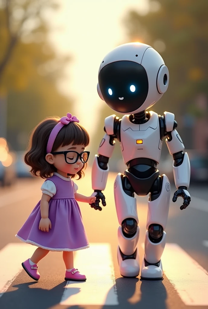 Robot helping cute eyes closed with black glasses baby
to walk carefully in road crossing..she wears cute purple frock. Her eyes are closed.her hair is wavy and cute.she wearing specs looking down as blindt is holding her hand