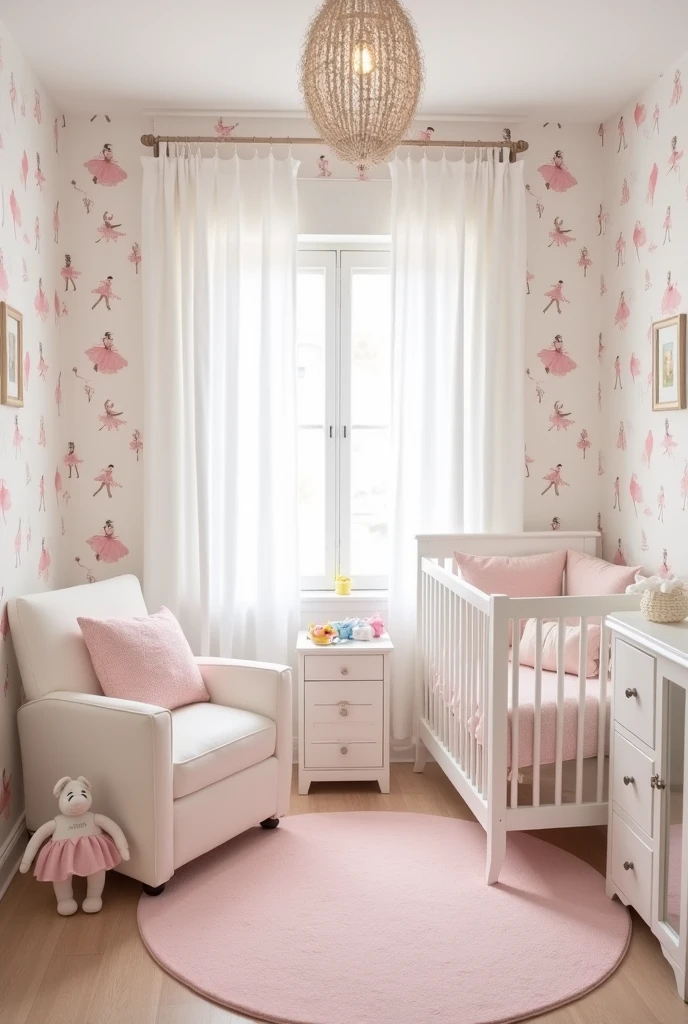 The baby's room has a ballerina theme in shades of white and light pink. The walls are decorated with ballerina wallpaper. Includes a white crib, a chest of drawers, a closet and a nursing chair. The pink rug and white curtain add comfort and softness.. Pictures with ballerinas and small toys complete the decoration, creating a welcoming and charming environment in a compact space.