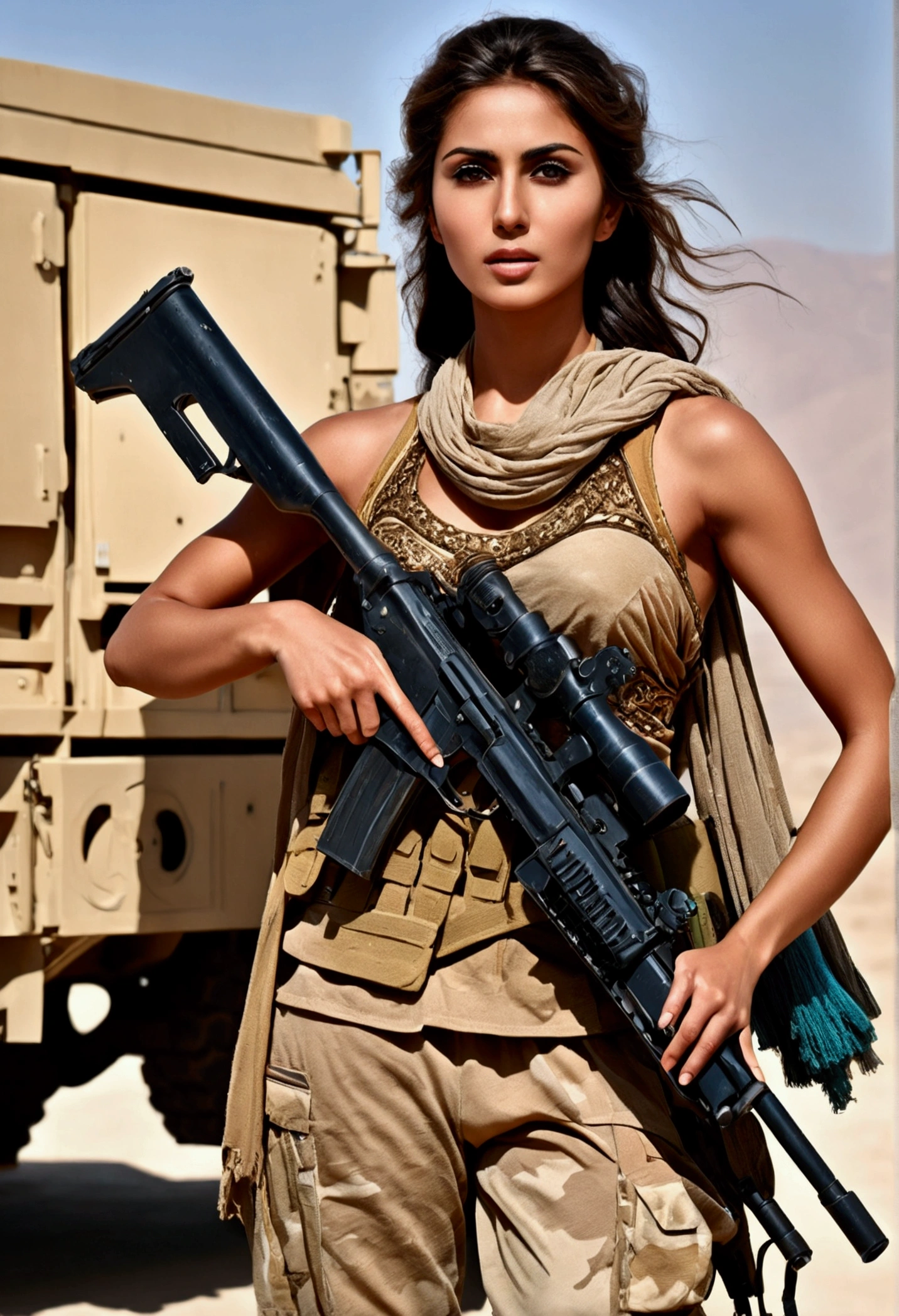 Alafed truck with gun on back, Afghan fighters, French special forces, heavily armed, Taliban, Kurdish soldiers, heavily armored, military vehicle, military weapons, military equipment, truck, camouflage, special forces security, modern military equipment, carrying rifle, gun mounted on shoulder, gun posing in front of truck A female soldier, ((masterpiece, highest quality, Highest image quality, High resolution, photorealistic, Raw photo, 8K)), ((Extremely detailed CG unified 8k wallpaper)), (huge stunning goddess shot, very hot and sexy, jaw-dropping beauty, perfect proportions, beautiful body, slim body beauty:1.4),