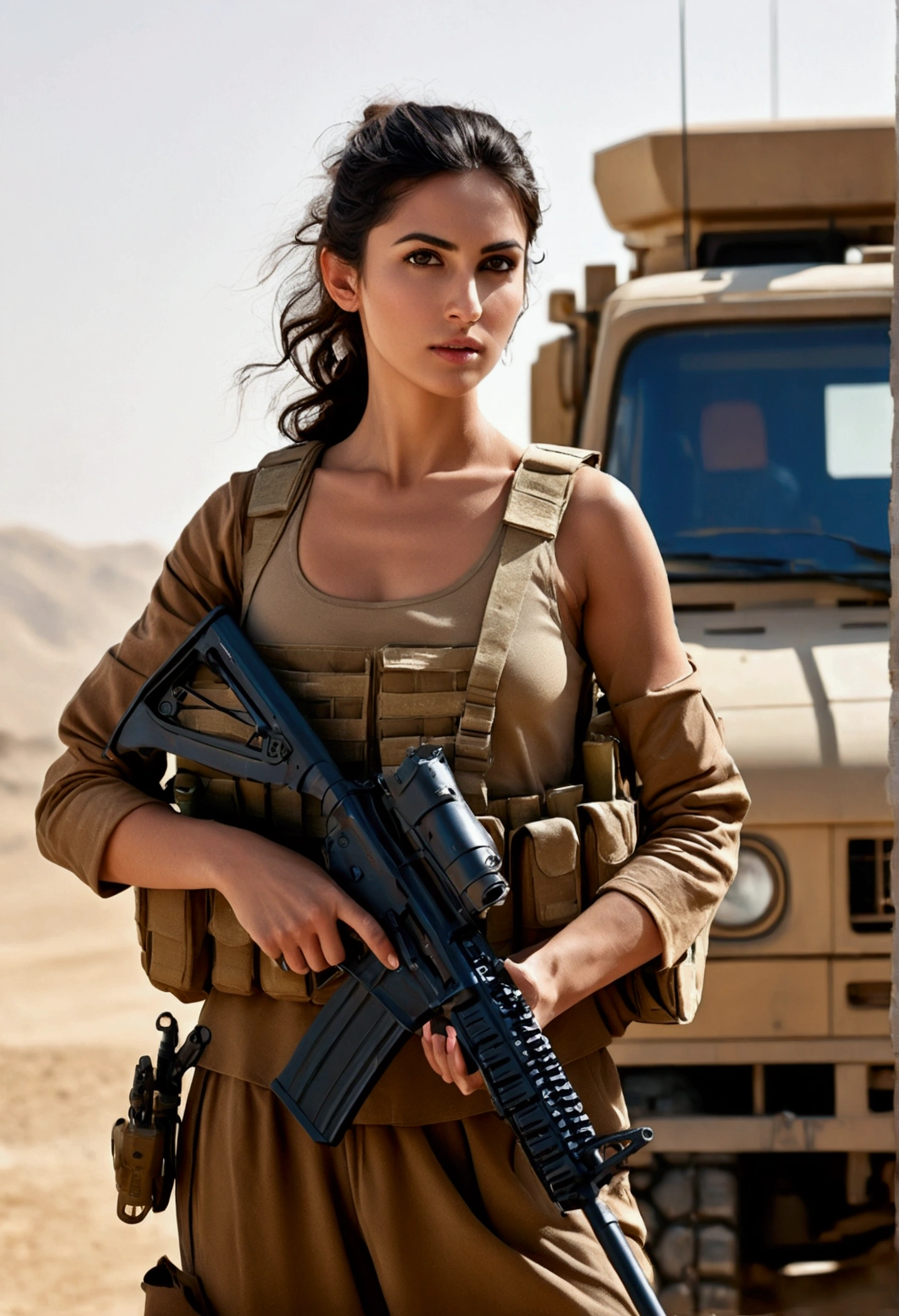 Alafed truck with gun on back, Afghan fighters, French special forces, heavily armed, Taliban, Kurdish soldiers, heavily armored, military vehicle, military weapons, military equipment, truck, camouflage, special forces security, modern military equipment, carrying rifle, gun mounted on shoulder, gun posing in front of truck A female soldier, ((masterpiece, highest quality, Highest image quality, High resolution, photorealistic, Raw photo, 8K)), ((Extremely detailed CG unified 8k wallpaper)), (huge stunning goddess shot, very hot and sexy, jaw-dropping beauty, perfect proportions, beautiful body, slim body beauty:1.4),  