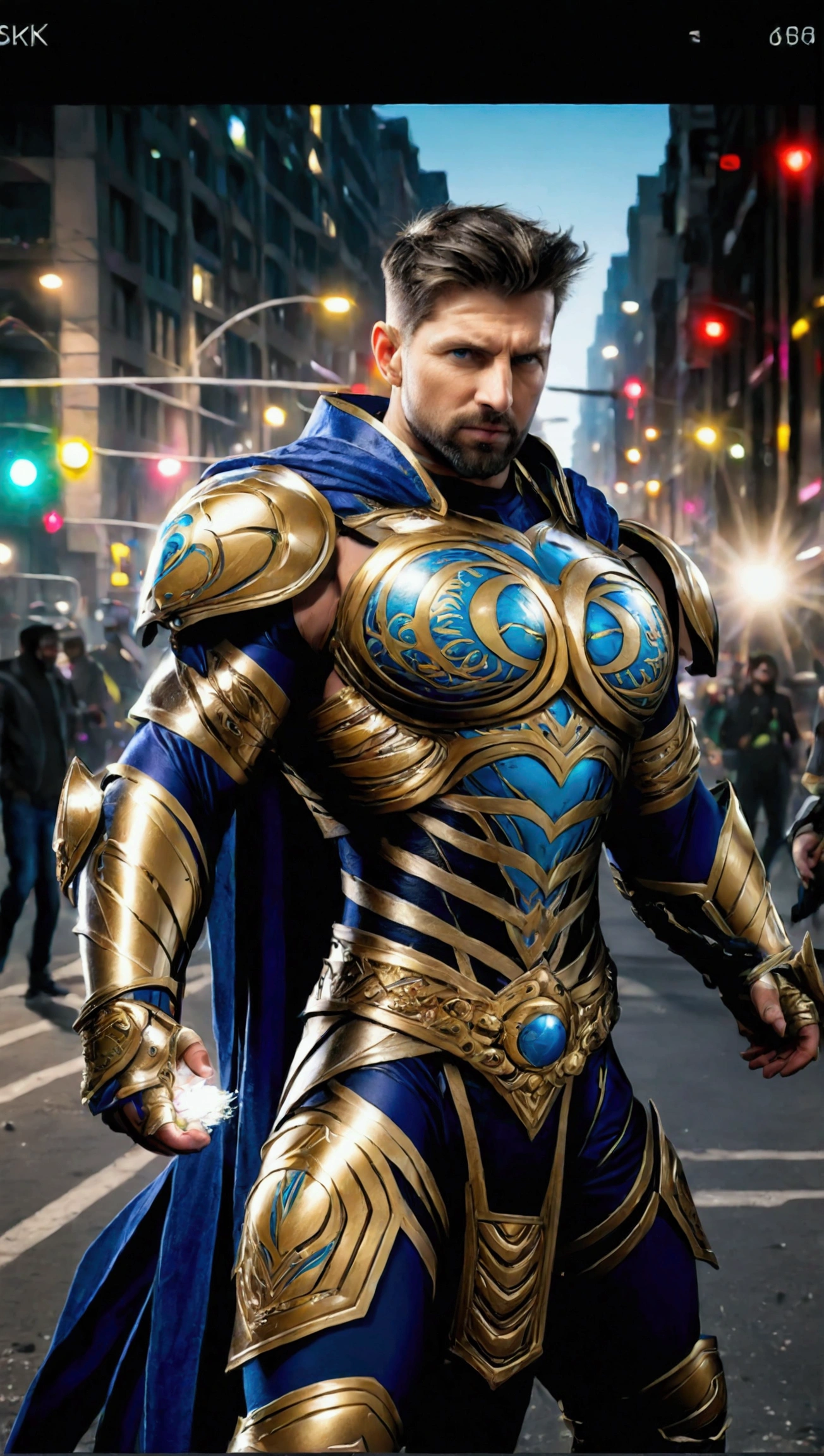 Super strong and muscular hero, soldier, armored heterosexual with metallic and gold space combat armor. Extreme attention to fine details and realistic textures. Vibrant and accurate colors.
Cinematographic lighting. Photographic hyper-realism. High quality visual effects. Professional post-processing. Lens flare and bokeh effects. In 8K Uktra HD resolution, extremely detailed 8K wallpaper.