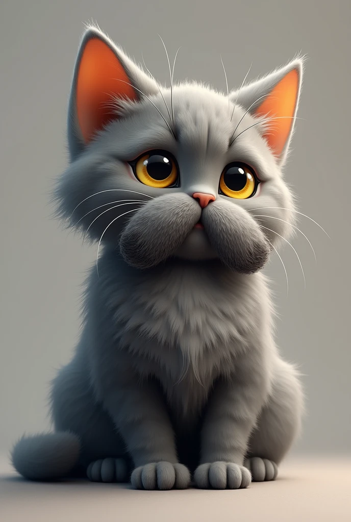 Create a furry cat, gray with small yellow details, that has a hairy mustache, most realistic