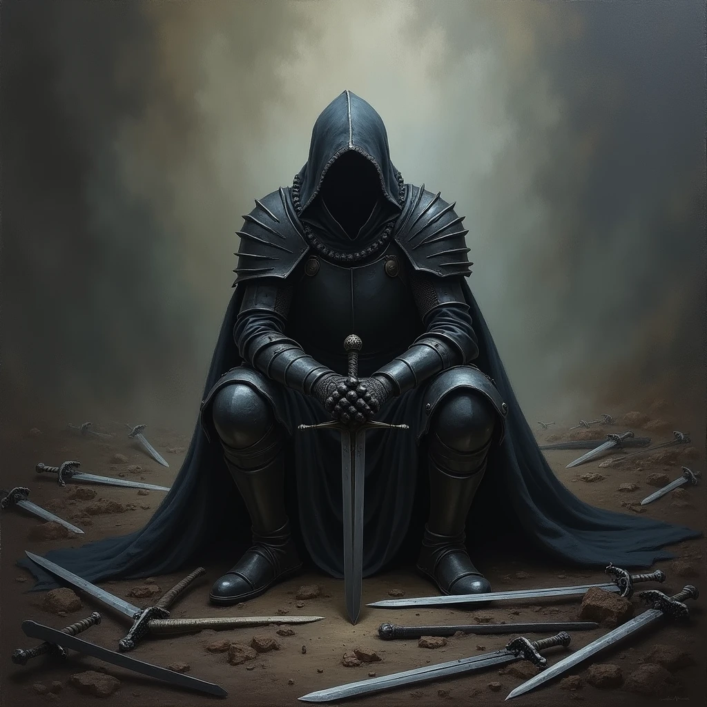 Oil painting on canvas of a dark knight sitting alone in the middle of a battlefield full of sword fragments, in the darkness.