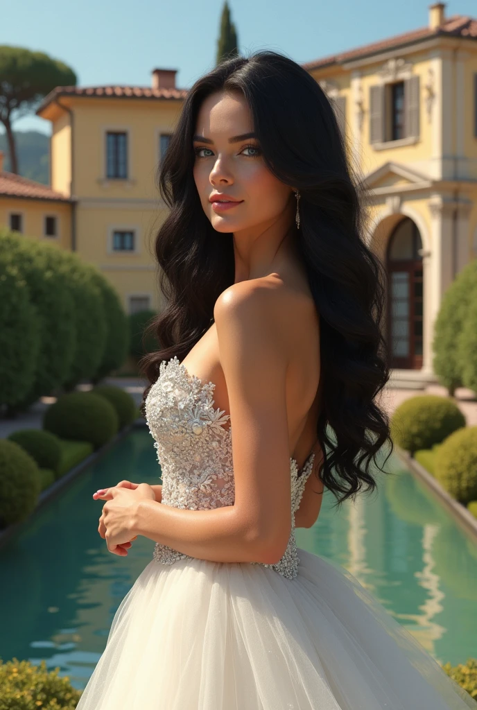 Beautiful woman, 22 years old, olive skin, long black hair and intense blue eyes. She is wearing a luxurious wedding dress. behind her a luxurious mansion in Italy. The expression on your face would be