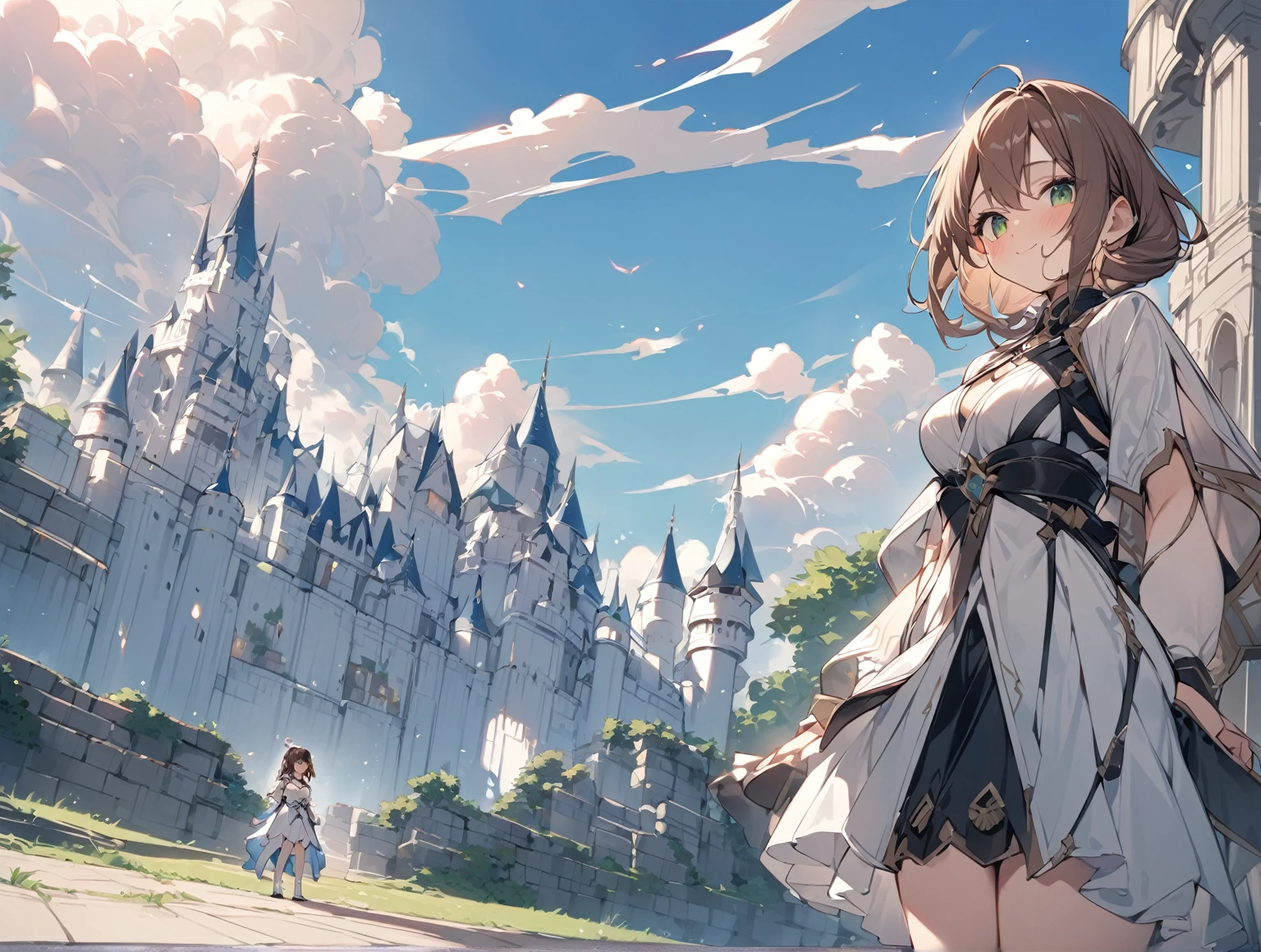 masterpiece quality,Highest Quality Assurance。brown hair、cute girl with green eyes。Tsundere,Wearing a fantasy clothes,exude magical power,white dress,smile,adorable,during the day,white castle tower,((adult)),