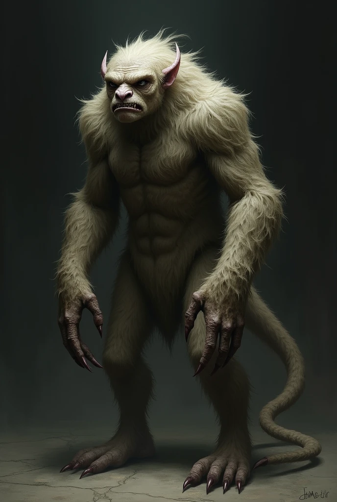 Create the image of a hairy-bodied being, with long tail and nails holding nightgowns over her nails and shoulders
