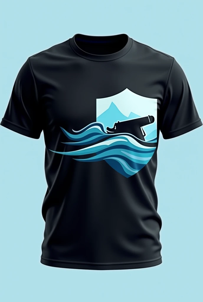A black and baby blue t-shirt with the blue on top, a cannon on the shield and with waves, make the shield on the left side minimalist , with more black and black gradient on the top and black on the side