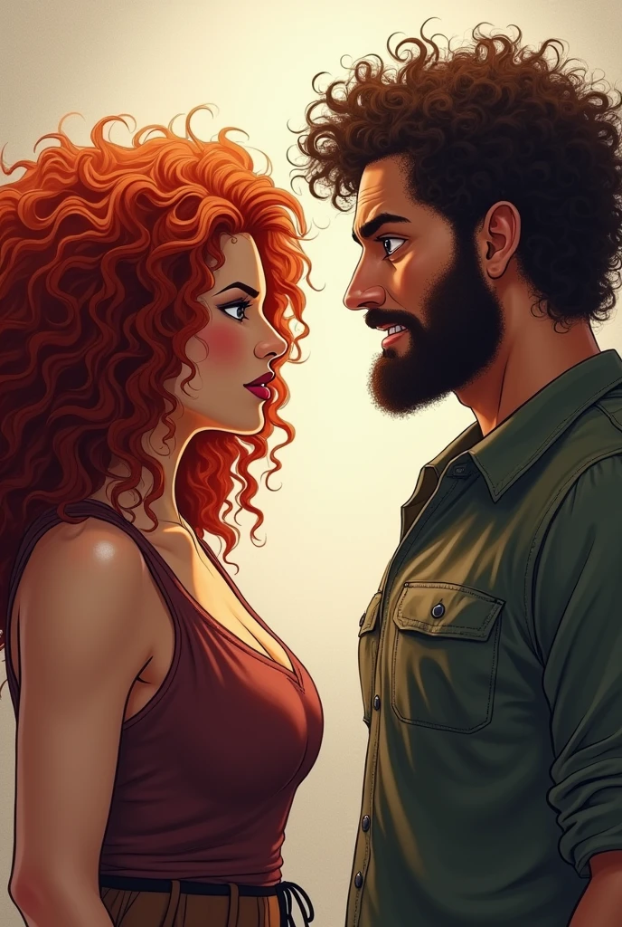 A white woman with darker red curly black power hair who is chubby arguing with a large white man with curly hair with 4a curl and finger curls, The Girl is white