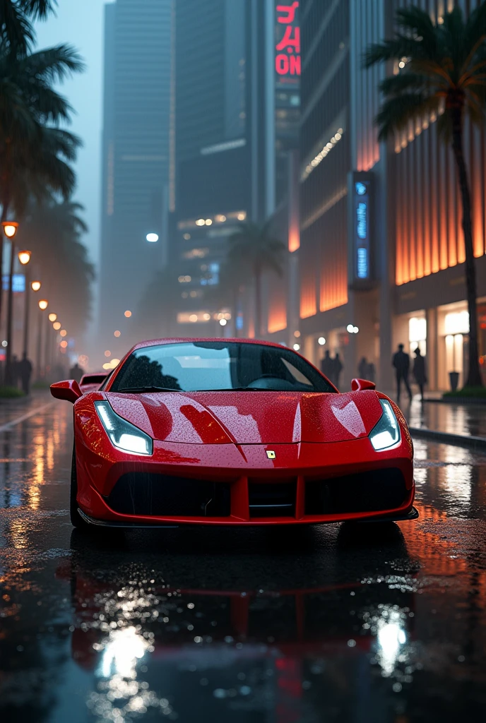 A red Ferrari with white headlights in a dark and rainy street next to a mall