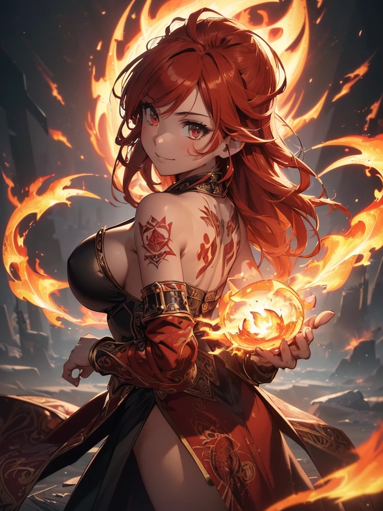 (((best quality, sharp image, clear image, cinematic lighting, 8k resolution, masterpiece, ultra detailed, intricate))) Girl, (((looking over left shoulder))), (shot from behind), fire mage, ((intricate background)), ((chaotic background)), red hair, smiling, ((flame runes, flame sigils)), (tatoo on back), slim figure, flying sigils, long dress, cute