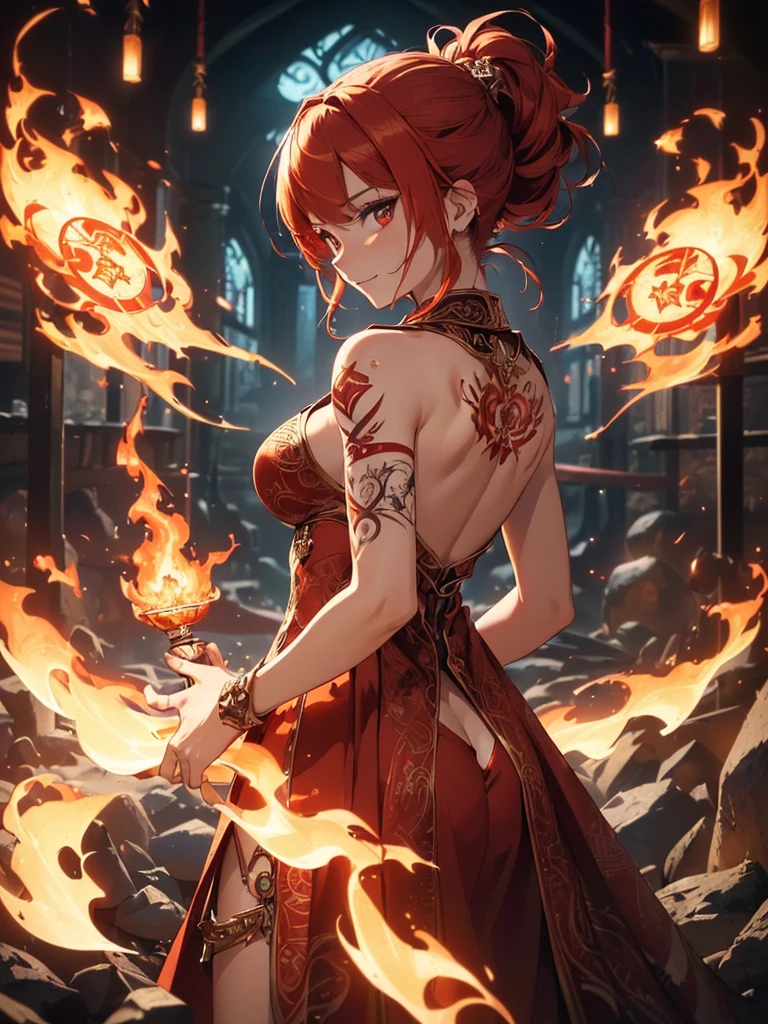 (((best quality, sharp image, clear image, cinematic lighting, 8k resolution, masterpiece, ultra detailed, intricate))) Girl, (((looking over left shoulder))), (shot from behind), fire mage, ((intricate background)), ((chaotic background)), red hair, smiling, ((flame runes, flame sigils)), (tatoo on back), slim figure, flying sigils, long dress, cute