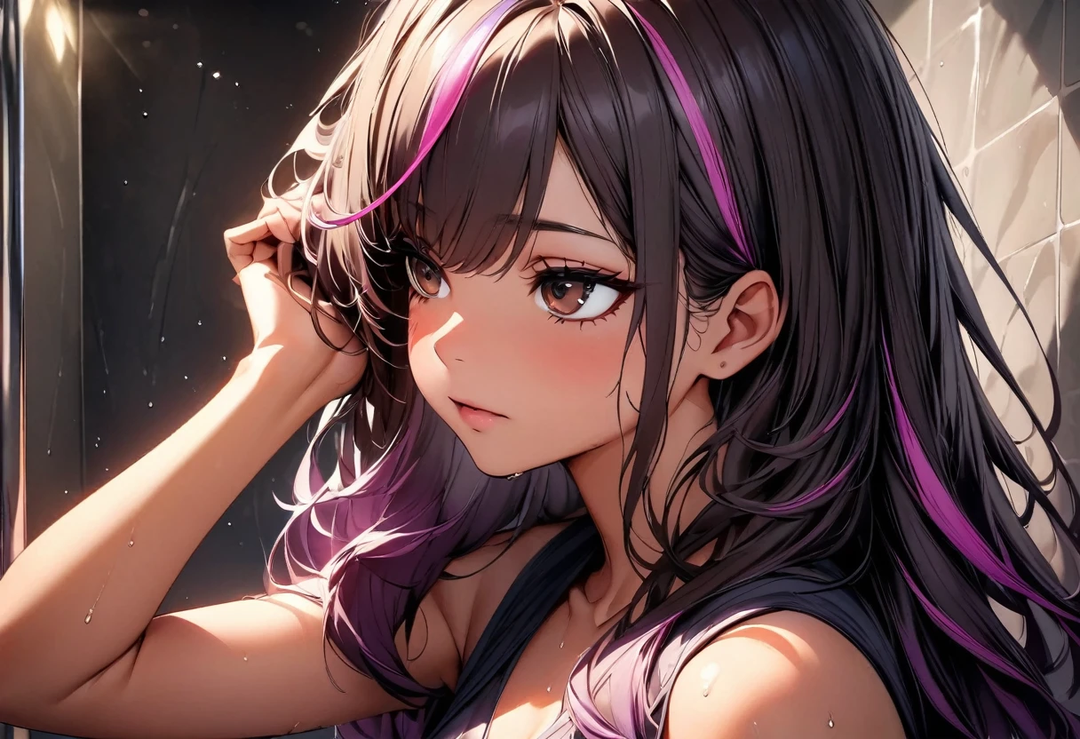 (highest quality:1.2, Very detailed, up to date, Vibrant, Ultra-high resolution, High Contrast, masterpiece:1.2, highest quality, Best aesthetics), Portraiture、girl, solo, (25-years-old:1), Bright colors、Beautiful fine details、Beautiful lip detail, long hair、black and purple ((streaked hair:1.6)), highlights hair: 1.5, brown eyes, ((slim body:1.4)), (small :0.7), (dark skin:0.5), (She is taking a shower from her head:1),hand on own head, in the shower room. (looking up:1), ((upper body))