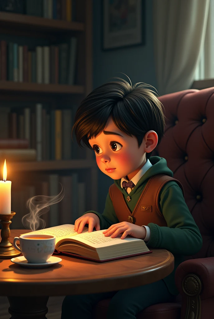 A boy is sitting reading a story book and on a table in front of him is a cup of tea and a lighted candl