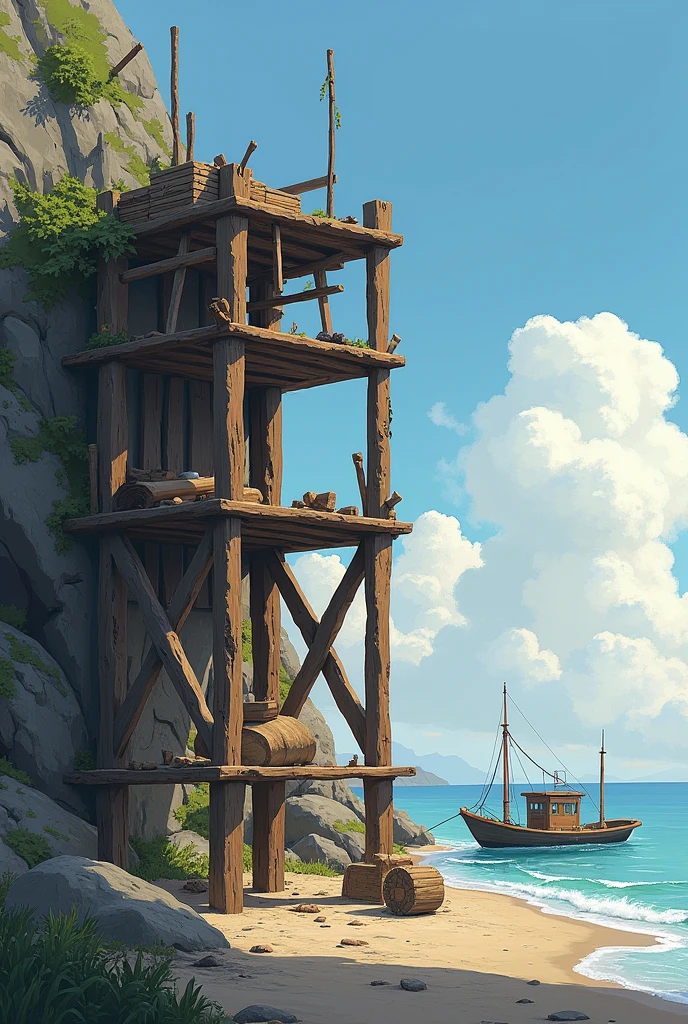 scaffolding made of improvised planks that they had assembled for cargo and a boat next to it a little far from the planks
