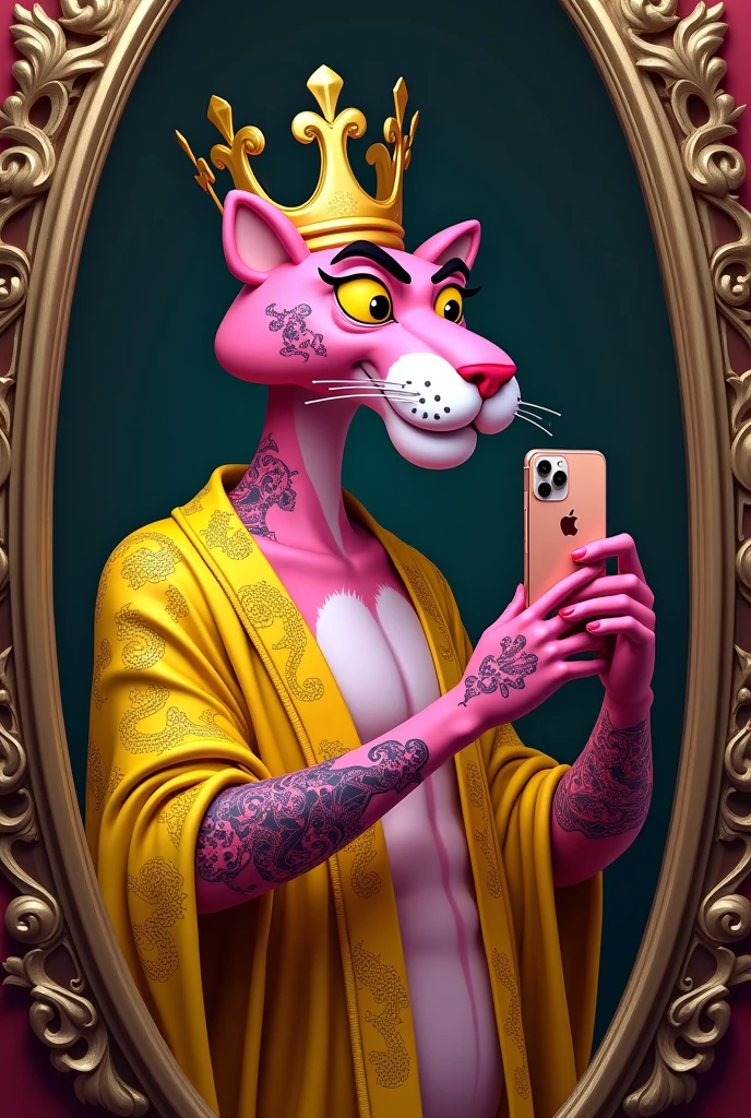 Create an image of a pink panther with tattoos, king style, wearing a yellow dragon robe, holding an iphone, taking a selfie in the mirror, wearing a crown, brave demeanor, bearded