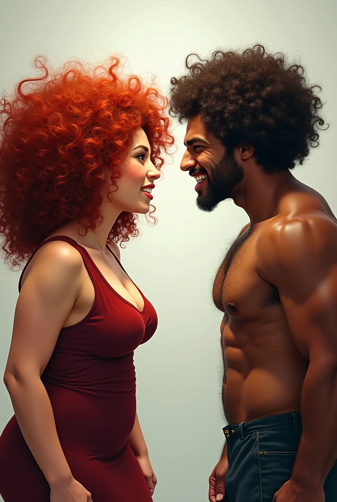 A white woman with darker red curly black power hair who is chubby arguing with a large white man with curly hair with 4a curl and finger curls, The Girl is white