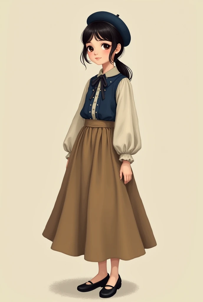 Little brunette girl, dressed in a long vintage midi skirt, With the high, navy blue and white blouse with bow on the collar, long sleeve with balloon cuff, with a navy blue beret on her head and her hair tied in a ponytail and black ballet flats on her feet
