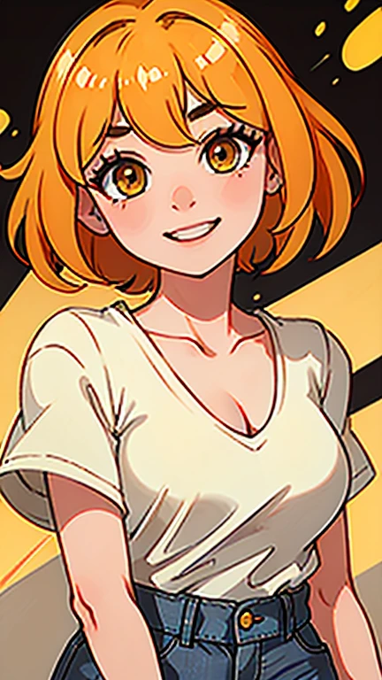 girl, solo, flick out bob hair, Flipped-Out Short Bob, orange hair, yellow eyes, short hair, looking at viewers, black t shirt v neck, best quality, highly quality, big fore head, smiling, Masterpiece, beautiful art, professional artist, 8k, very detailed face, very detailed hair, jeans, cleavage, cute smile, upper body, cowboy shot, medium breast, frekles, Anime style,