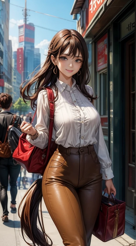 cheered up「Gigante Shingeki」Shasa de, shoulder length hair, Brown hair, Horse tail, beautiful, beautiful woman, perfect body, big breasts, with a white formal shirt unbuttoned, black transparent pants, carrying a bag, he is wearing a watch, earrings wearing earrings, in public, Creatures of Tokyo City, Being on the street, He looks at the viewer with a slight smile.., Realism, masterpiece, Textured leather, naked, Super detailed, High detail, high quality, 最high quality, 1080P, 16k