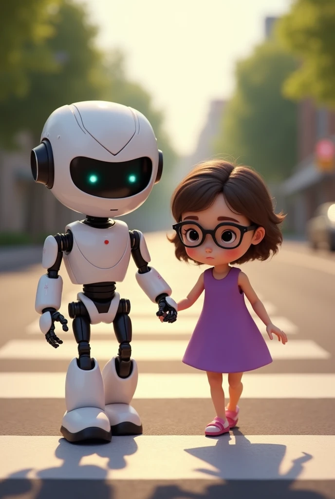 Robot helping cute eyes closed with black glasses baby
child to walk carefully in road crossing..she wears cute purple frock. Her eyes are closed.her hair is wavy and cute.she wearing specs looking down as blind.robot is holding her hand and helping her to walk carefully .she is walking cutely with it