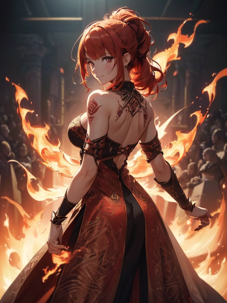 (((best quality, sharp image, clear image, cinematic lighting, 8k resolution, masterpiece, ultra detailed, intricate))) Girl, (((looking over left shoulder))), (shot from behind), fire mage, ((intricate background)), ((chaotic background)), red hair, smiling, ((flame runes, flame sigils)), (tatoo on back), slim figure, flying sigils, long dress, cute