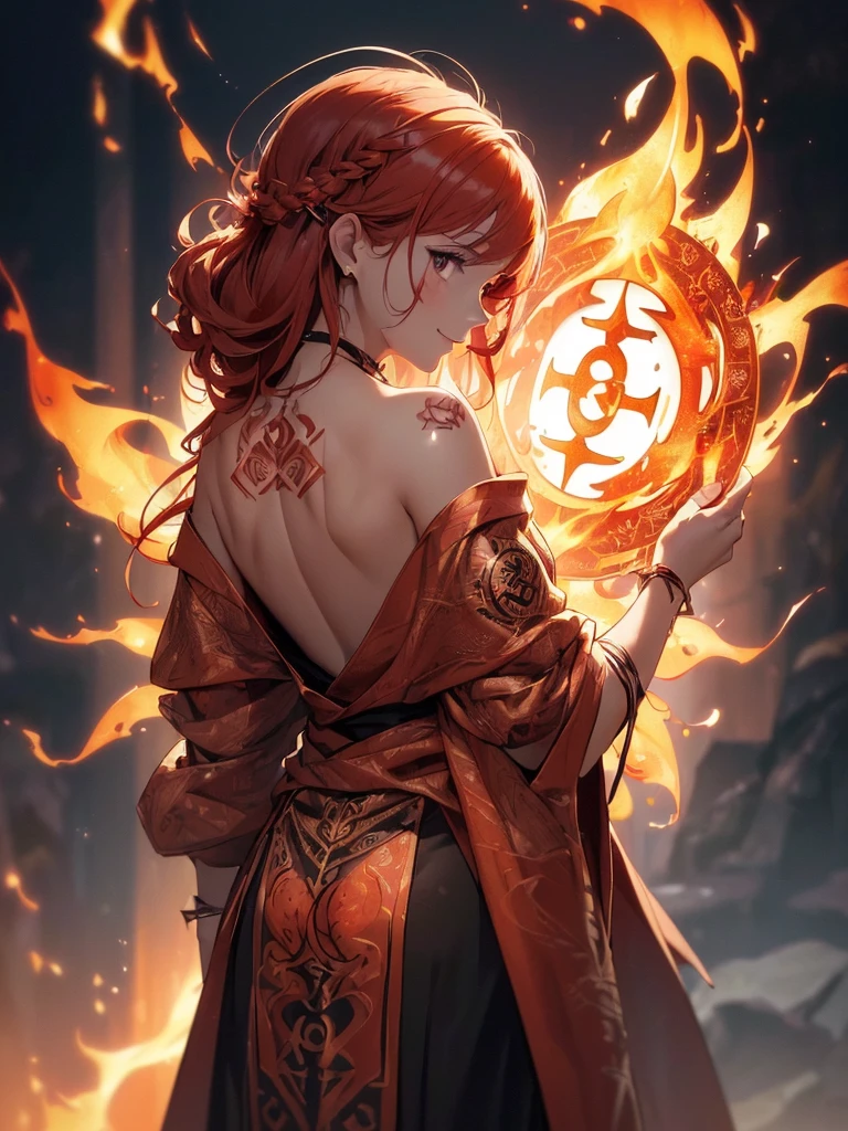 (((best quality, sharp image, clear image, cinematic lighting, 8k resolution, masterpiece, ultra detailed, intricate))) Girl, (((looking over left shoulder))), (shot from behind), fire mage, ((intricate background)), ((chaotic background)), red hair, smiling, ((flame runes, flame sigils)), (tatoo on back), slim figure, flying sigils, long dress, cute