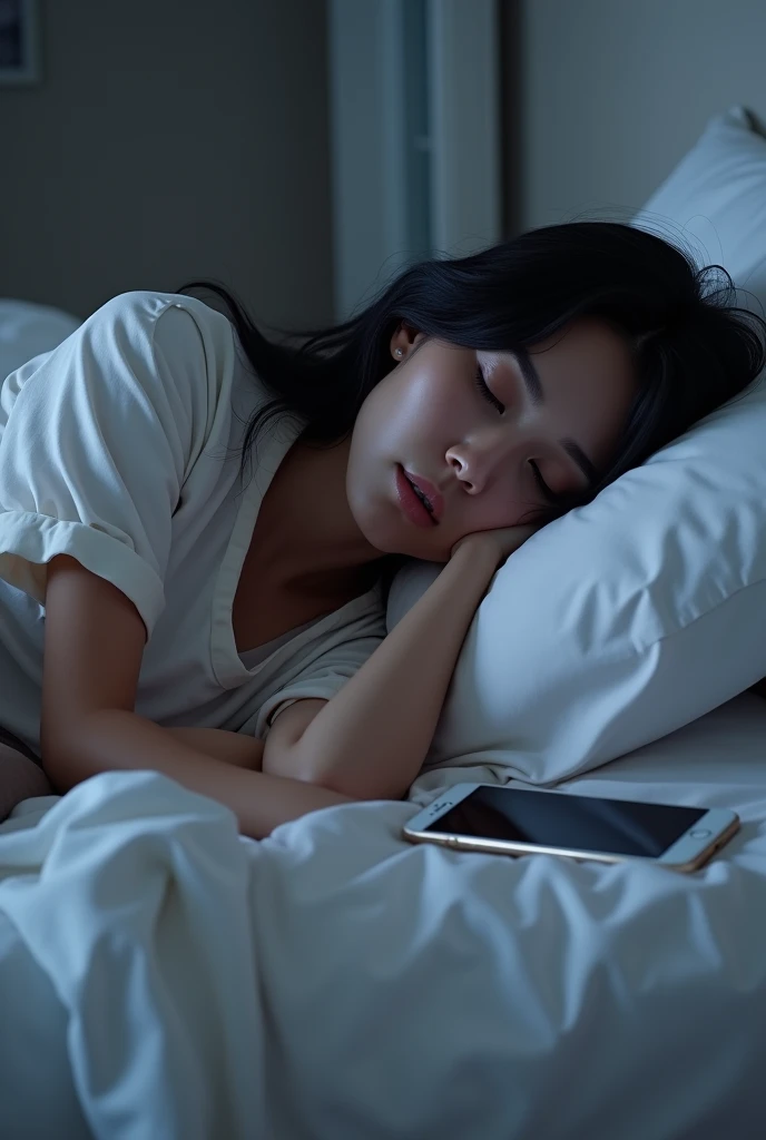Claire, a brunette woman in her 30s with black hair (wearing a white shirt and brown pants), collapses onto the bed with white sheets, looking exhausted. Her phone is placed on the comforter near her. The lighting is dim with a soothing ambiance, and Claire's tired expression is clearly visible."