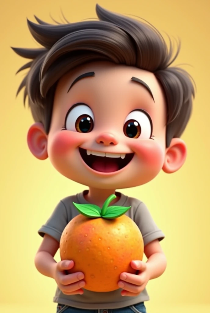Big eyes boy smilling. holding a blox fruit